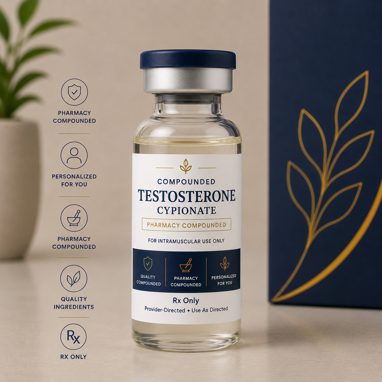 Compounded medication vial — Rx only, dispensed by licensed pharmacy